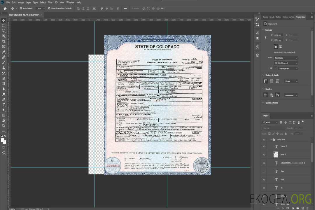 Modèle de certificat de décès de l'État du Colorado aux États-Unis au format PSD template Modèle de certificat de décès de l'État du Colorado aux États-Unis au format PSD template
